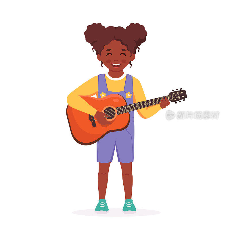 弹吉他的黑人小女孩。女孩弹吉他。演奏乐器的孩子。矢量图