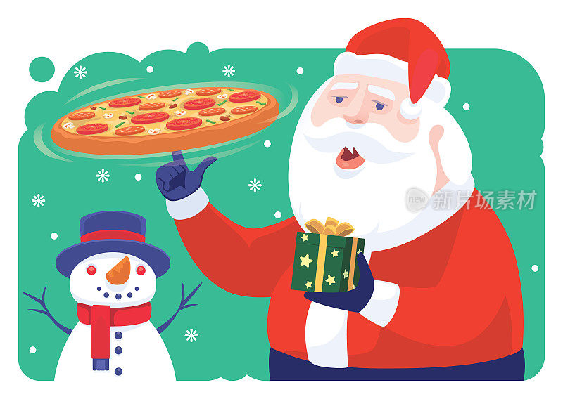 圣诞老人拿着披萨和圣诞礼物