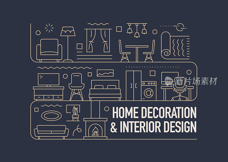 家庭装饰和室内设计相关的矢量横幅设计概念，现代线条风格与图标