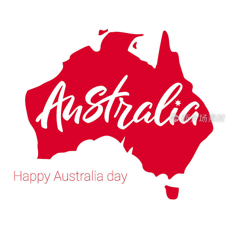 澳洲国庆日快乐。红色地图背景上的澳大利亚字母