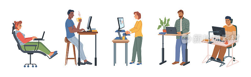 办公室或家庭家具，隔离的人工作通过可调节的桌子和坐在椅子上的规则。支持背部和脊柱放松，脚踏板和健康的工作姿势。平的卡通