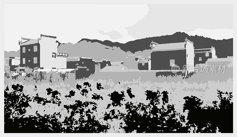 向量单色版画风格的山水背景，黟县，安徽省黄山市，中国