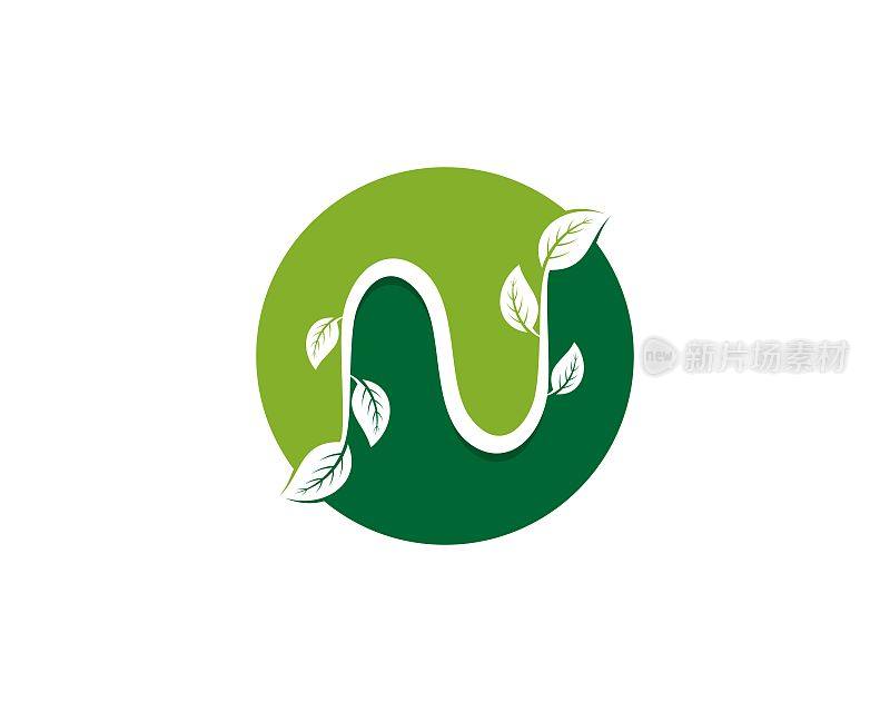 字母与自然的叶子在绿色的圆圈
