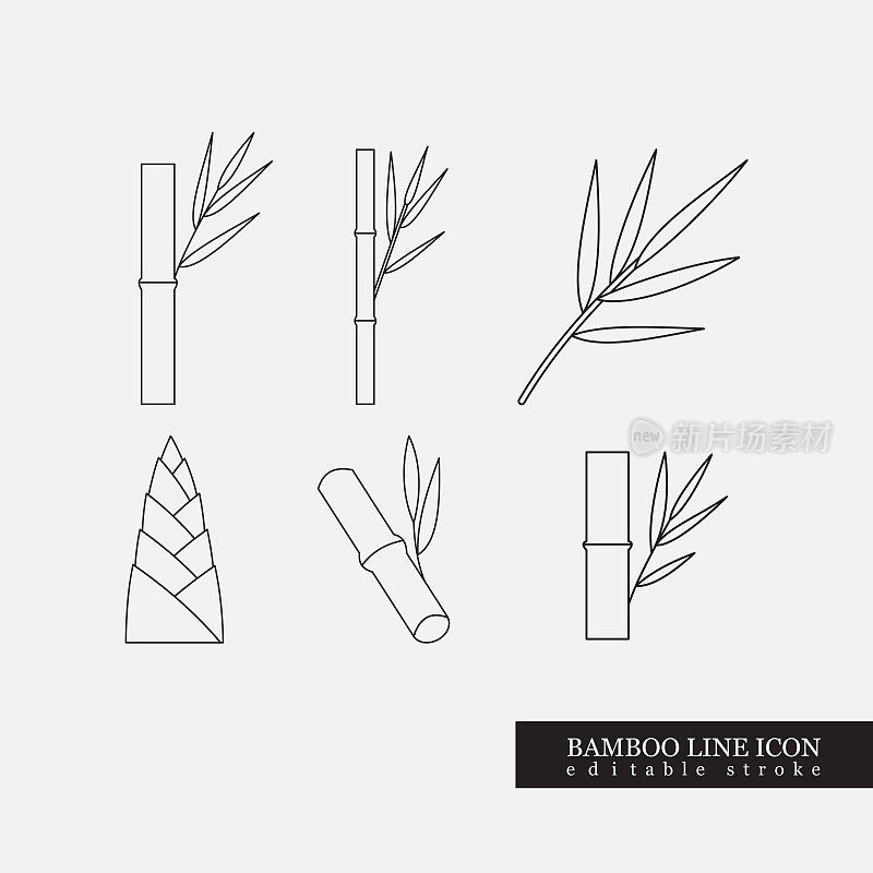 矢量插图细笑线艺术竹子与叶子图标或标志集或收集为亚洲美食，纺织纤维，织物或水疗沙龙。竹子可食用的嫩芽或嫩芽的象征。