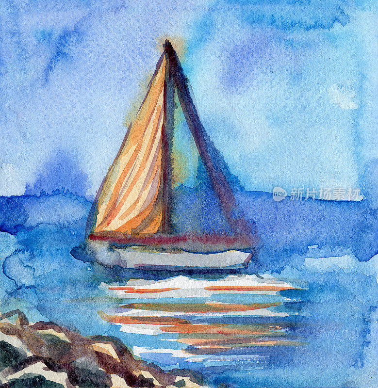 手绘海景水彩素描。海浪或海洋景观。白色的帆船。夏天的假期。蓝色和白色的多云天空。自然与生态。用于明信片、海报和印刷品