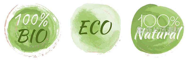 环保、有机食品标签。自然产品的绿色标志集。生态生物、产品、天然食品、100种健康食品。