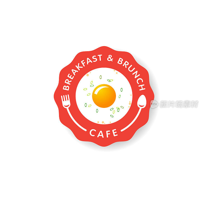 早餐和早午餐咖啡馆标志。煎蛋和蔬菜放在白色的盘子里，用叉子和勺子。