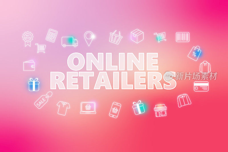 网上零售商-电子商务网页横幅在粉红色的背景。各种购物图标。网上购物的概念
