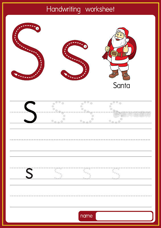 矢量插图的圣诞老人与字母S大写字母或大写字母为儿童学习实践ABC