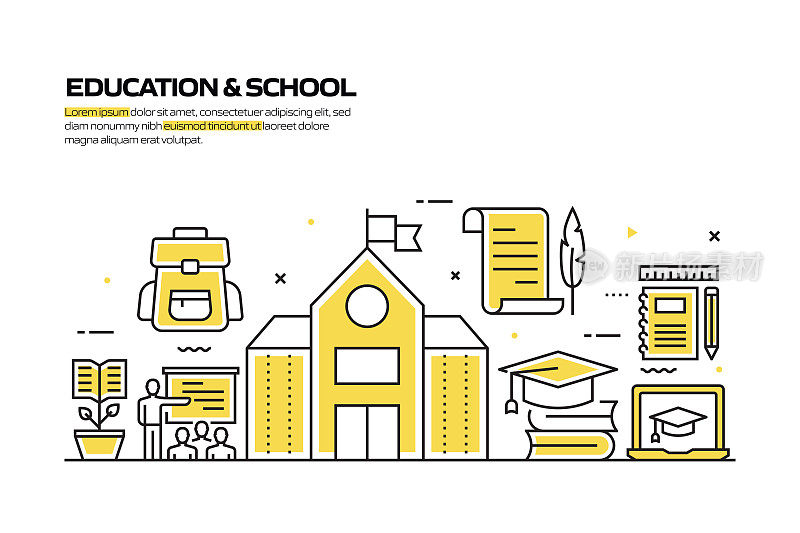 教育和学校概念，线风格矢量插图