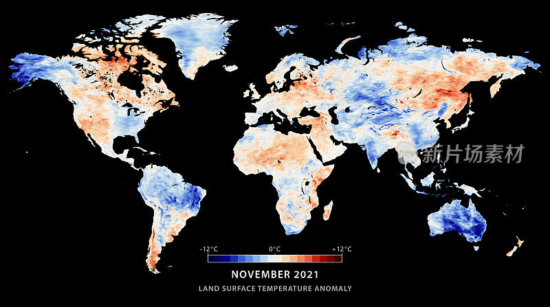 世界地图地表温度异常，2021年11月