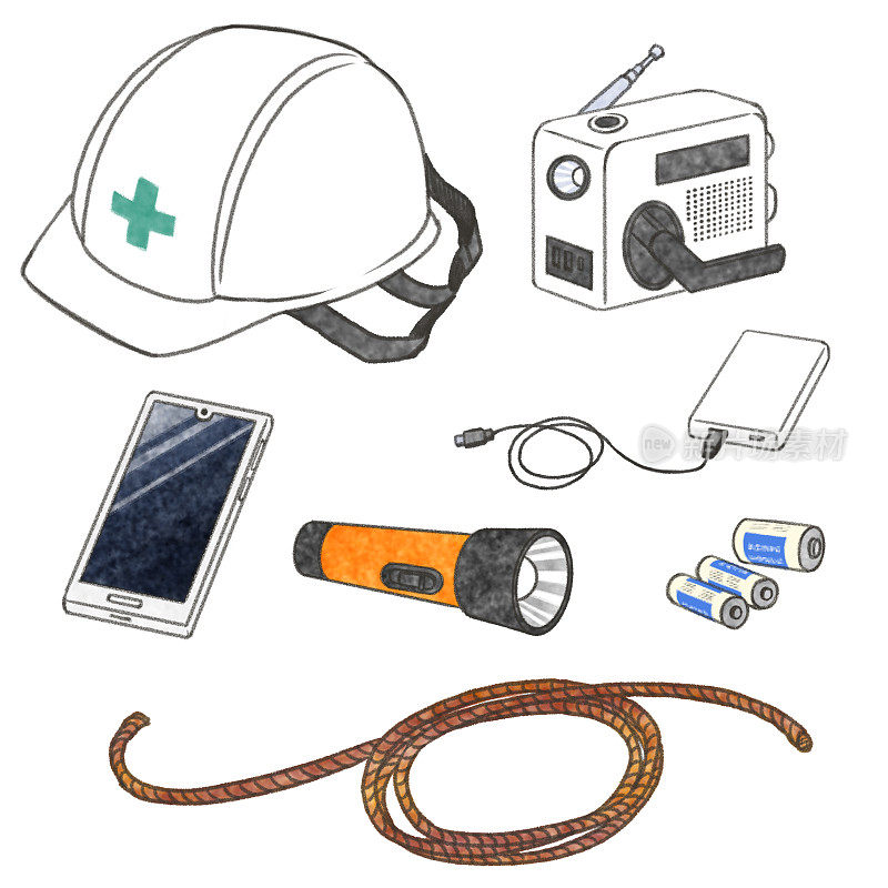 一套应急包(头盔、收音机、电池、便携式充电器、手电筒、智能手机、绳子)