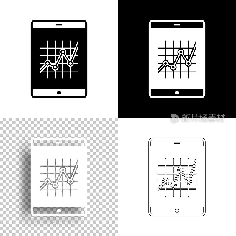 平板电脑与图形。图标设计。空白，白色和黑色背景-线图标