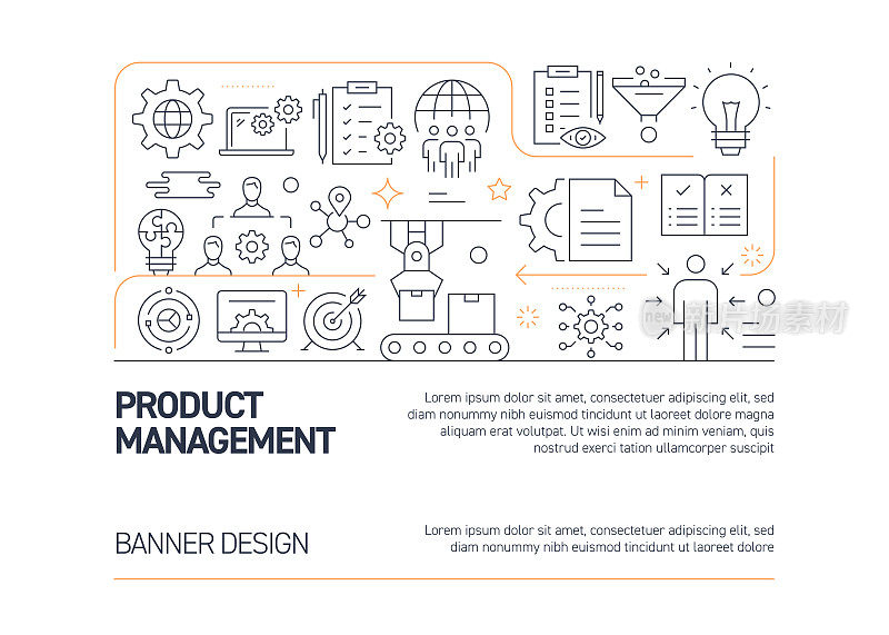 产品管理相关的矢量横幅设计概念，现代线条风格与图标