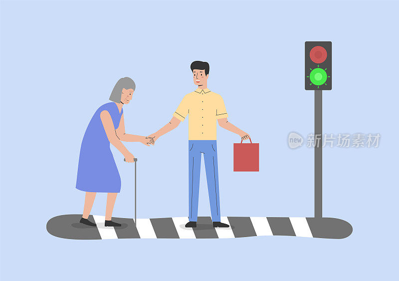城里人男性性格与老妇人十字路口。男子扶年长女子用手杖过马路。有红绿灯的城市道路人行横道。卡通轮廓矢量插图