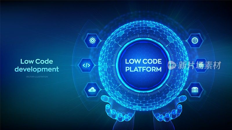 低平台代码。低代码开发技术概念。LCDP简单的编码。六边形网格球体在蓝色背景上线框手。矢量插图。
