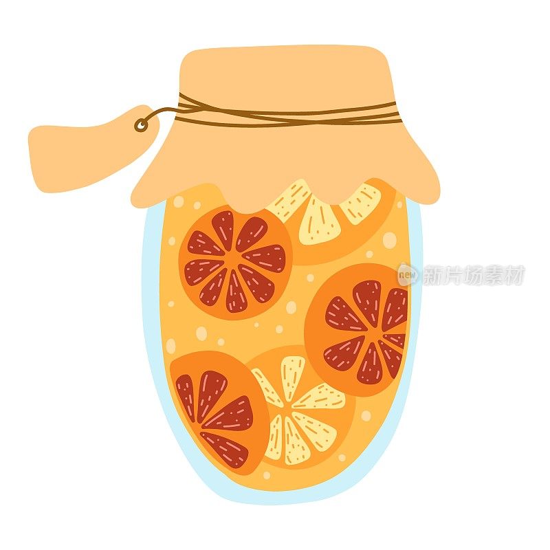 自制橙子和柚子果酱罐，水果罐头卡通手绘平面风格。矢量插图玻璃罐与腌制食品，蜜饯，橘子酱。秋收时节，将浆果和水果炖成汤汁。