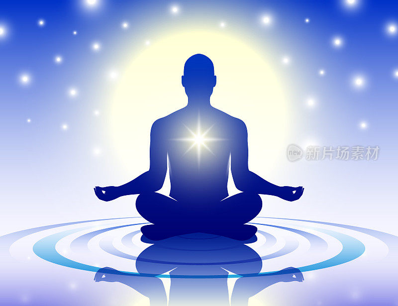 瑜伽男子平静地坐在一个莲花姿势在一个蓝色的星空矢量背景水