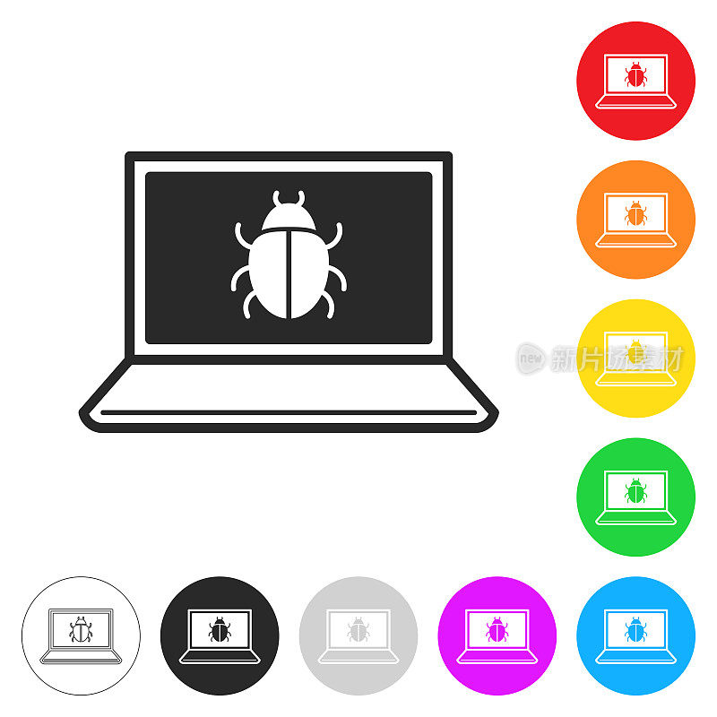 笔记本电脑病毒。彩色按钮上的图标