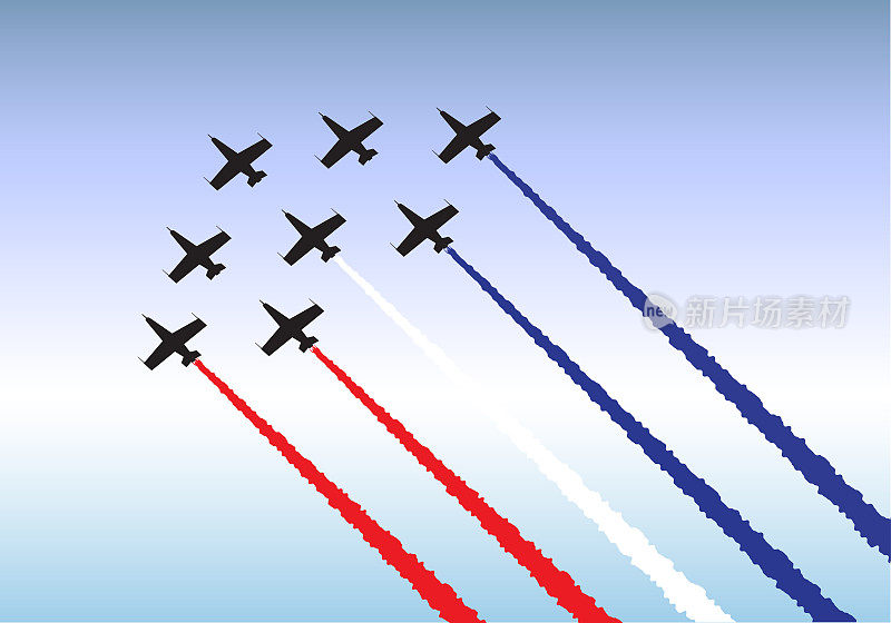 飞机编队飞行的插图，红色、白色和蓝色的蒸汽尾迹。EPS10矢量格式。