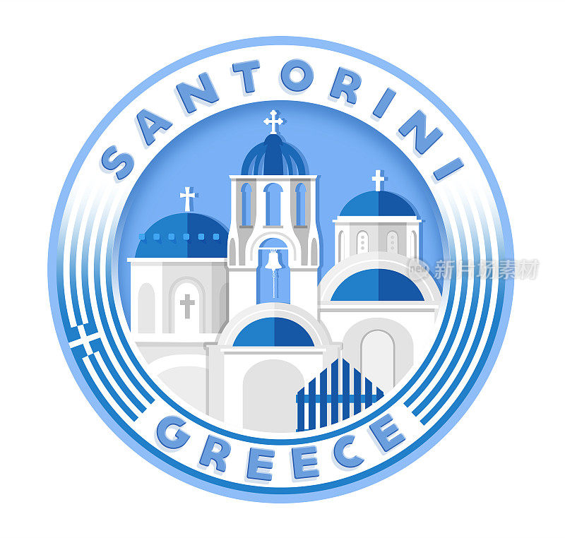 圣托里尼钟楼和希腊伊亚的蓝色圆顶在圆形徽章上的平面设计插图