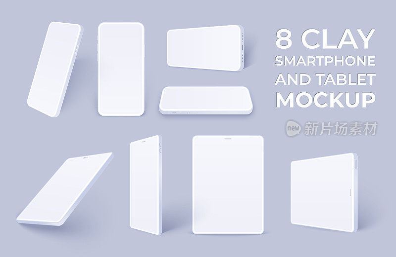 白色智能手机模型和平板电脑包，粘土现实手机和pad模板在不同的角度隔离。3D矢量质量插图模拟演示ui设计或应用程序。