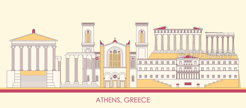 希腊雅典的卡通天际线全景图