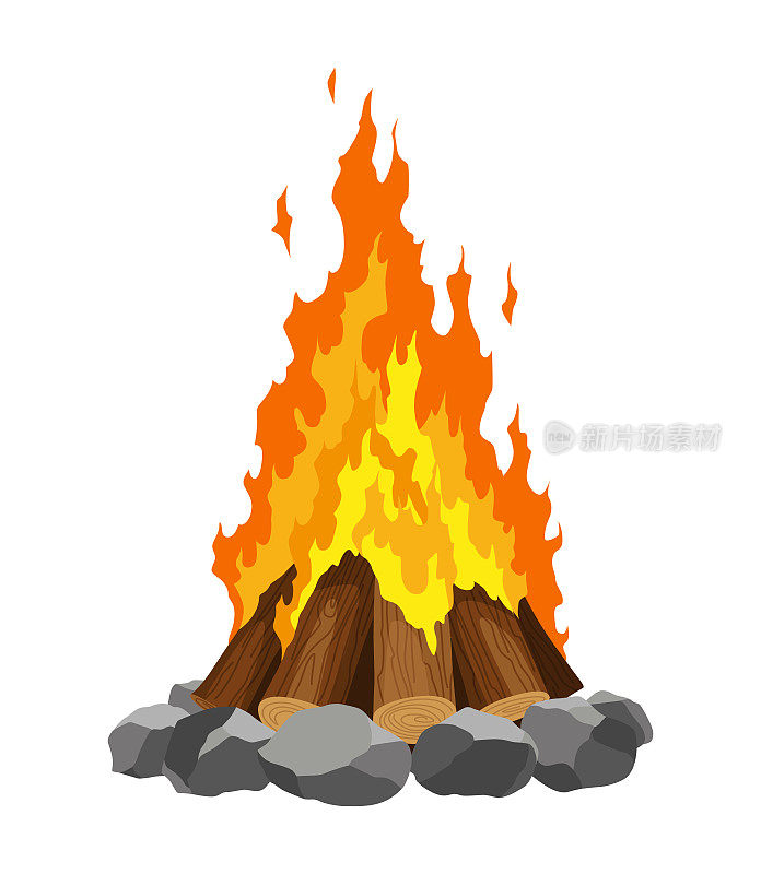 壁炉篝火类型。燃烧的木头，旅行和冒险的象征。向量篝火或木火在卡通平面风格。游客的篝火堆成一堆