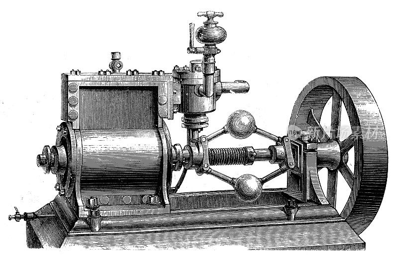 古董插图，应用力学:蒸汽动力旋转机器，霍尔