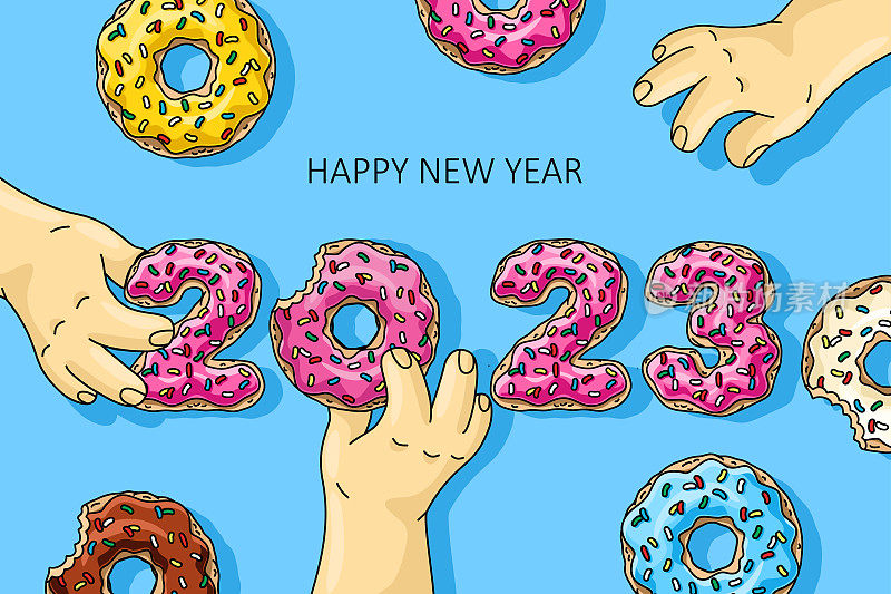 甜甜圈2023年甜蜜新年，男人们拿着卡通甜甜圈，粉色，柠檬，蓝色薄荷釉，蓝色背景的巧克力甜甜圈。新年快乐。贺卡