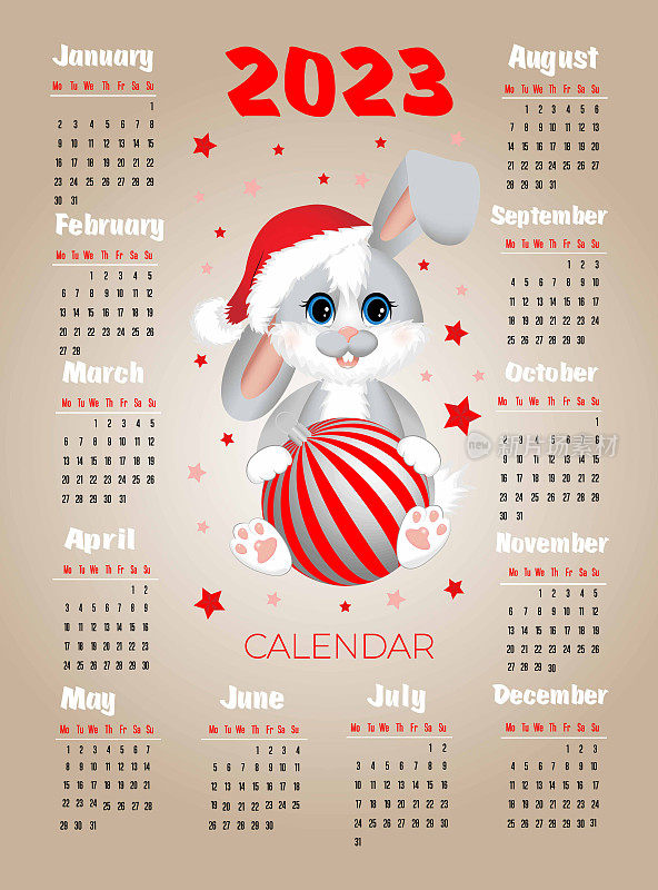 历法2023年以兔(兔)为年号。可爱的小兔子(兔子)坐在圣诞球。一周从星期一开始。