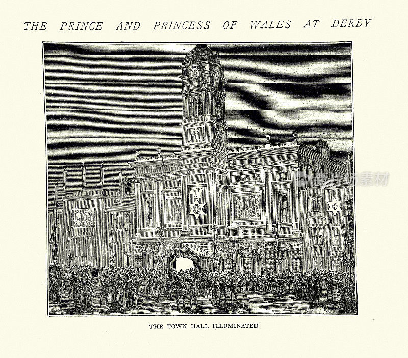 威尔士王子，后来的爱德华七世，参观德比，市政厅照明，19世纪维多利亚