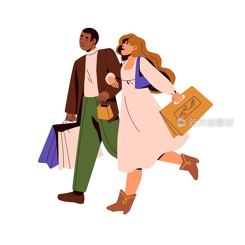 爱情侣散步，背着购物袋后的时尚服装大甩卖。快乐的男人和女人，妻子和丈夫去购物。平面矢量插图孤立在白色背景上