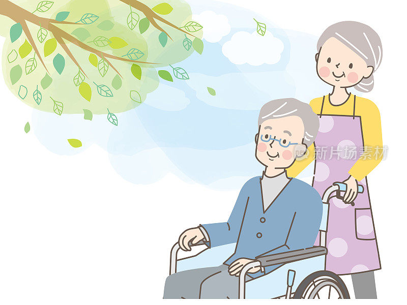 一位年长的女士在轮椅上帮助一位年长的男士