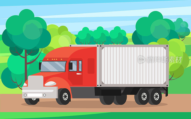 运货卡车行驶在秋树旁的路上。在世界范围内运输货物的带拖车的马车