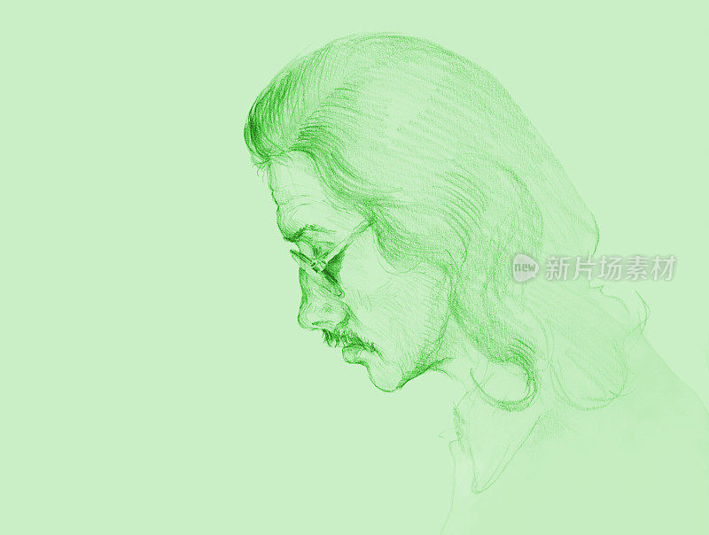 插图铅笔画肖像的一个人在侧面长深色头发和胡子戴眼镜在绿色的背景