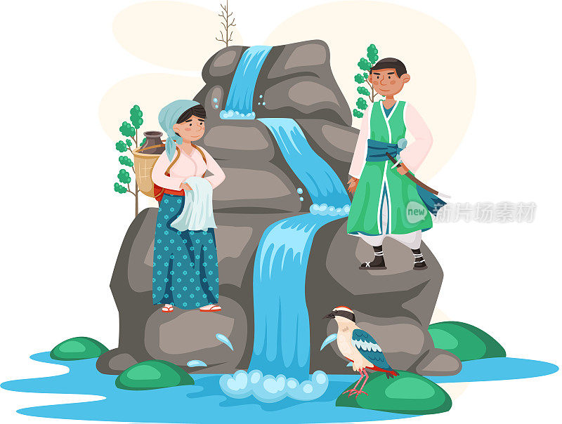 穿着民族服饰的亚洲男女站在山景中的瀑布旁