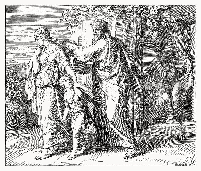 驱逐夏甲和以实玛利(创世纪21,14)，木刻，1860年