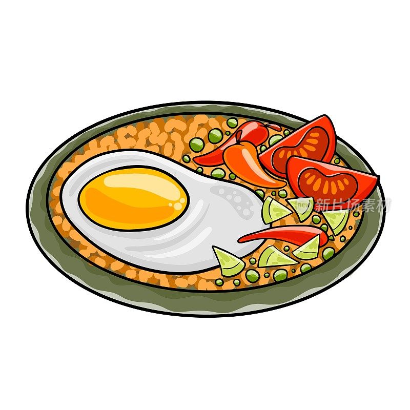 炒饭是一道用茉莉花米饭、鸡肉、洋葱、鸡蛋和蔬菜做成的印尼菜。印尼食品