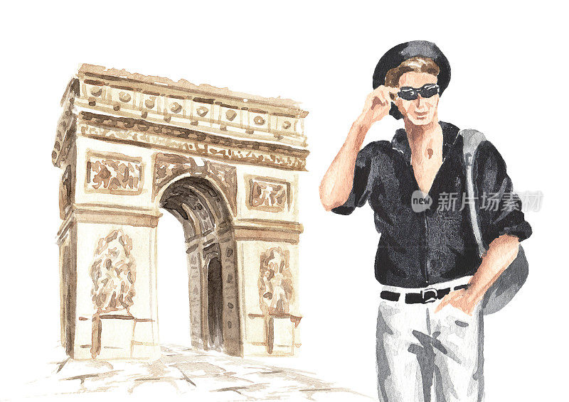 巴黎凯旋门和游客。欢迎来法国旅游卡概念。手绘水彩插图孤立在白色背景