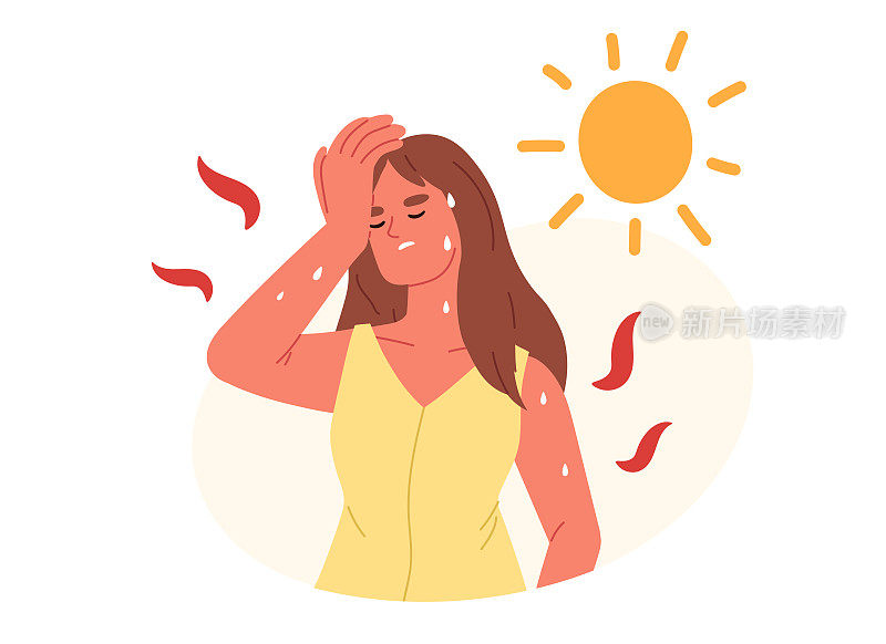 无法忍受热。年轻女性中暑症状多为出汗、体温升高、脱水、出汗、头痛。烈日炎炎的夏天。平面矢量图