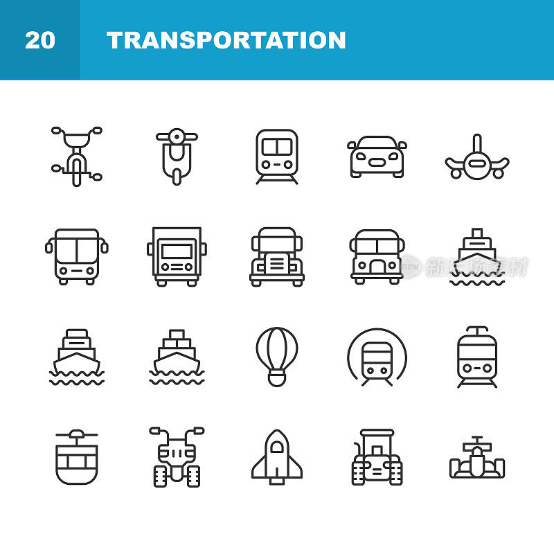 交通线图标。可编辑的中风。像素完美。移动和网络。包含这样的图标，如飞机，汽车，自行车，船，公共汽车，汽车，邮轮，货运，物流，赛车，火箭，船，出租车，拖拉机，火车，运输，旅行，卡车，货车，车辆。
