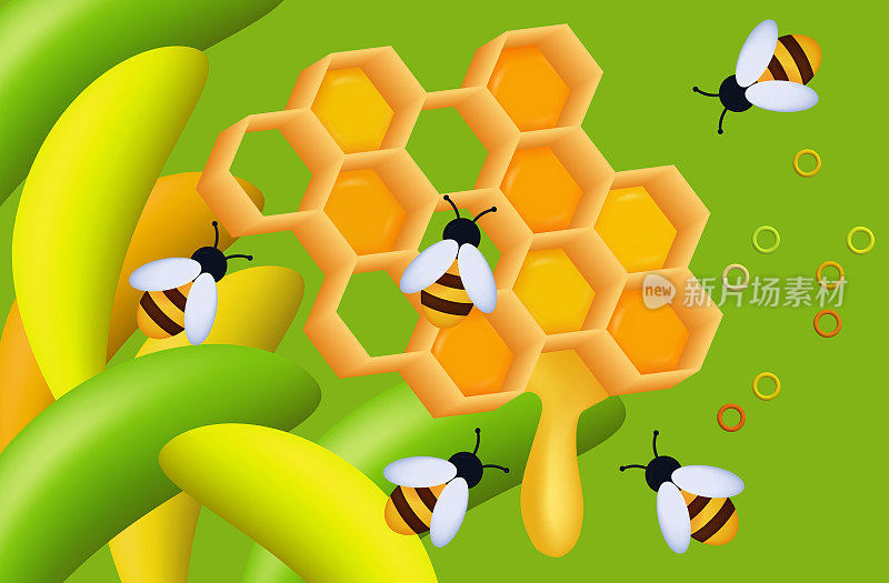 一群蜜蜂在绿色背景上有蜂巢的蜂房里采蜜。矢量三维插图。昆虫给花授粉。草地上有植物，草地特写，环境。