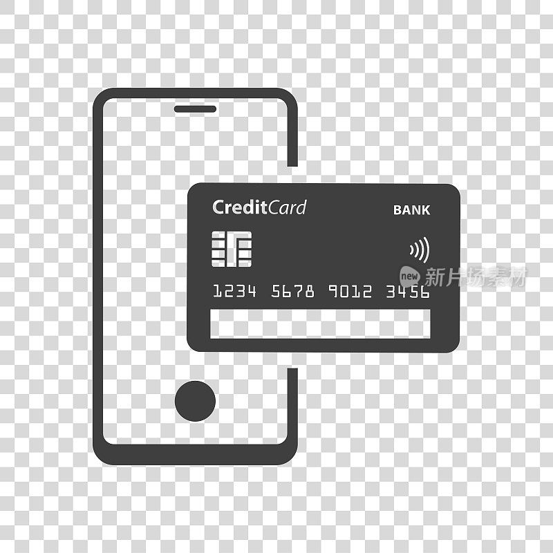 网上购物图标，非接触式支付，智能手机和信用卡。
图标在透明背景上。