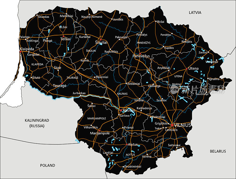 高度详细的立陶宛路线图与标签。