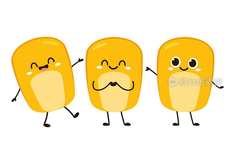 玉米粒吉祥物，食物卡通插画，不同的面部表情和姿势，孤立在白色背景上。