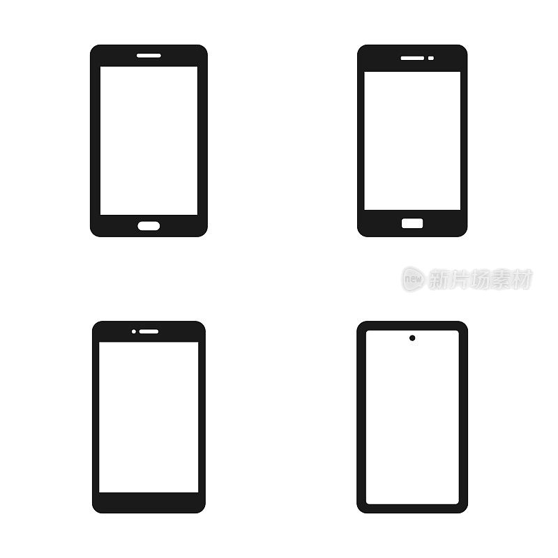 移动电话或智能手机剪影图标集矢量设计。