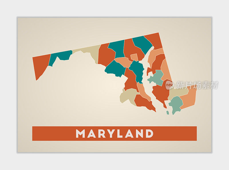 马里兰的海报。美国州地图，有丰富多彩的地区。马里兰州的形状和我们的州名。吸引人的矢量插图。