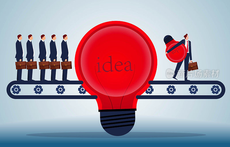 产品优化与管理，头脑风暴获得解决方案，获得创新与创意，商人通过电灯泡的传送带，获得新的想法与创意