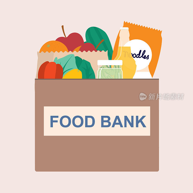 装满食物和饮料的纸箱。食物银行。